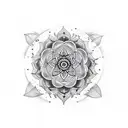 Symbolic tattoo integrating Mandala with blooming lotus , Sudarshan Chakra, and stylized trident tattoo design idea