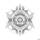 Symbolic tattoo integrating Mandala with blooming lotus , Sudarshan Chakra, and stylized trident tattoo design idea