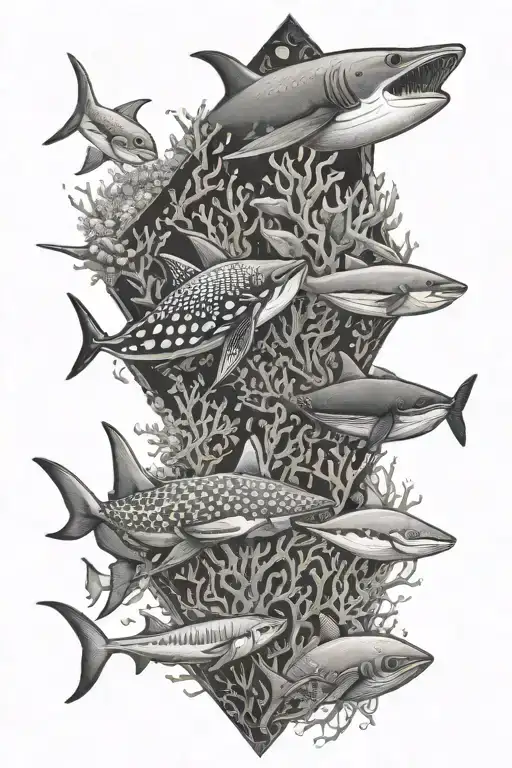 An intricate underwater scene with coral reef, surrounded by coral fish, manta ray, whale shark, diamond shape tattoo design idea