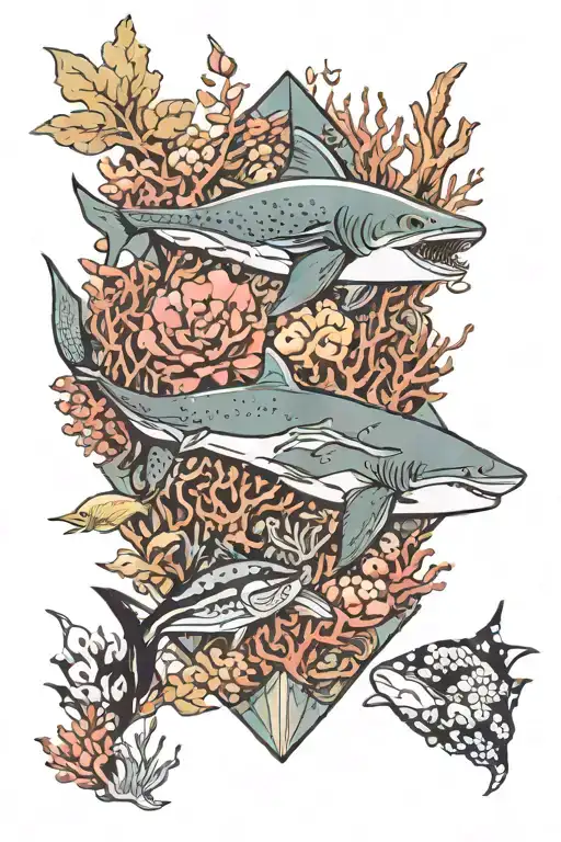 An intricate underwater scene with coral reef, surrounded by coral fish, manta ray, whale shark, diamond shape tattoo design idea