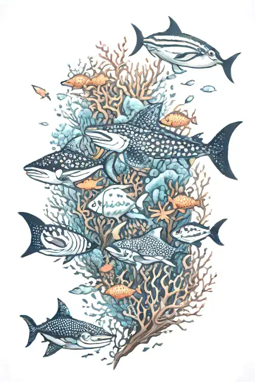 An intricate underwater scene with coral reef, surrounded by coral fish, manta ray, whale shark, diamond shape tattoo design idea