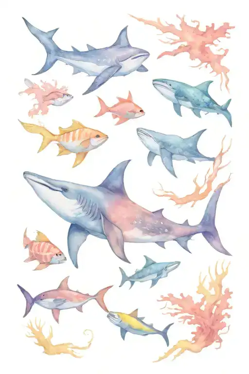 An intricate underwater scene with coral reef, surrounded by coral fish, manta ray, whale shark, no edges tattoo design idea