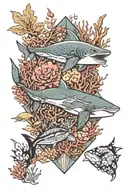 An intricate underwater scene with coral reef, surrounded by coral fish, manta ray, whale shark, diamond shape tattoo design idea