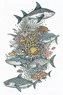 An intricate underwater scene with coral reef, surrounded by coral fish, manta ray, whale shark, diamond shape tattoo design idea