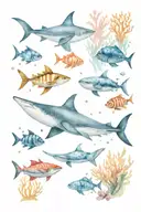 An intricate underwater scene with coral reef, surrounded by coral fish, manta ray, whale shark, diamond shape tattoo design idea