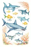 An intricate underwater scene with coral reef, surrounded by coral fish, manta ray, whale shark, diamond shape tattoo design idea