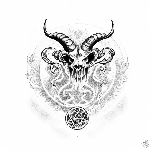 demonic ram skull with sigils, roses and moths  tattoo design idea
