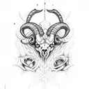 demonic ram skull with sigils, roses and moths  tattoo design idea