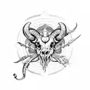 demonic ram skull with sigils, roses and moths  tattoo design idea