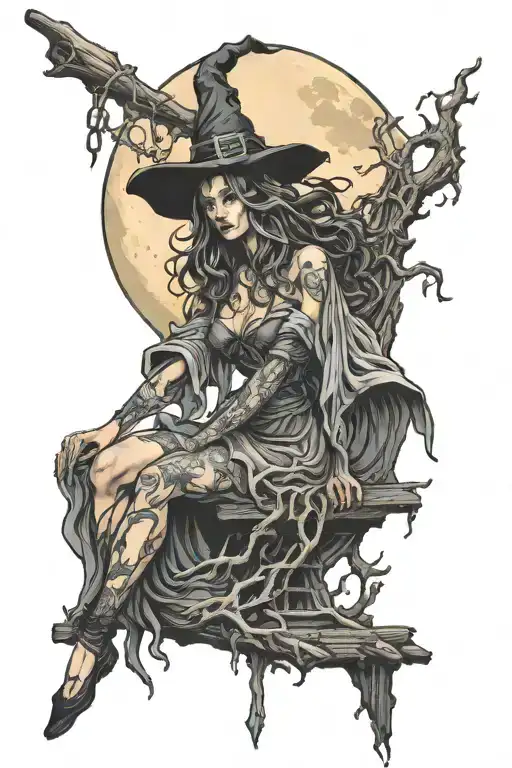 witch standing at gallows full moon waves rising in background tattoo design idea