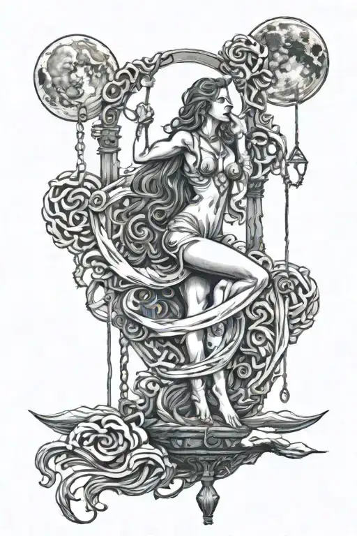 goddess standing at gallows full moon waves rising in background tattoo design idea