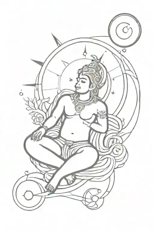 God Vishnu sleeping and dreaming the creation of universe, add small modern satellites, planets, stars and place kundali tattoo design idea