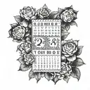 calendar representing important dates in your life (03/04/1995, 07/04/1995, 25/01/2024) tattoo design idea