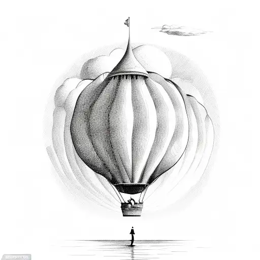 A surreal illustration of a hot air balloon ride with whimsical creatures floating in the sky tattoo design idea