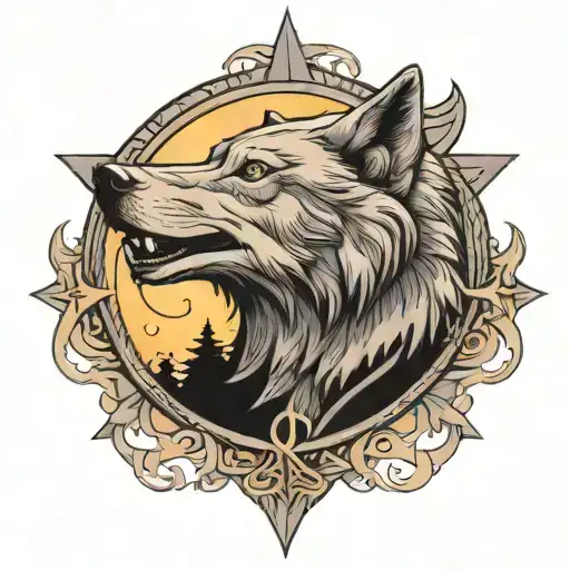 gray wolf and crescent star 3D tattoo design idea