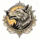 gray wolf and crescent star 3D tattoo design idea
