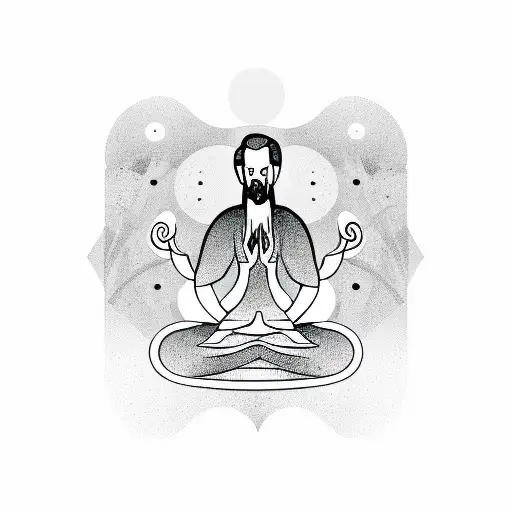 A sketch-style illustration of Alan Watts meditating under a Bodhi tree tattoo design idea