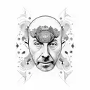 Alan Watts' face surrounded by intricate dotwork patterns tattoo design idea