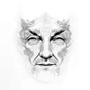 Alan Watts' face surrounded by intricate dotwork patterns tattoo design idea