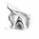 A shark swimming fearlessly through a sea of lava flowing from a volcanic crater, illustrated in dotwork tattoo design idea