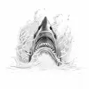 A shark swimming fearlessly through a sea of lava flowing from a volcanic crater, illustrated in dotwork tattoo design idea