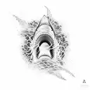 A shark swimming fearlessly through a sea of lava flowing from a volcanic crater, illustrated in dotwork tattoo design idea