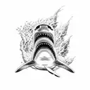 A shark swimming fearlessly through a sea of lava flowing from a volcanic crater, illustrated in dotwork tattoo design idea