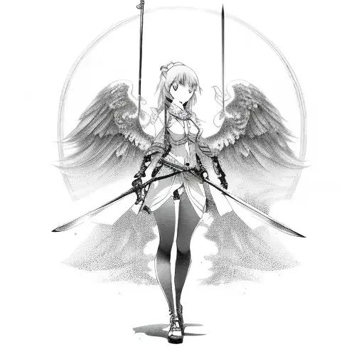anime girl with wings and sword tattoo design idea