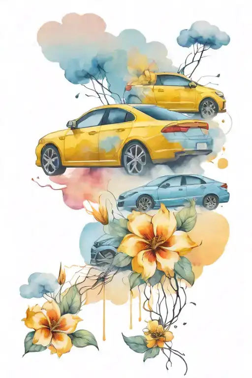 tattoo only the bottomless cars wrapped in clouds and lightning, and only one of those cars with a flower behind tattoo design idea