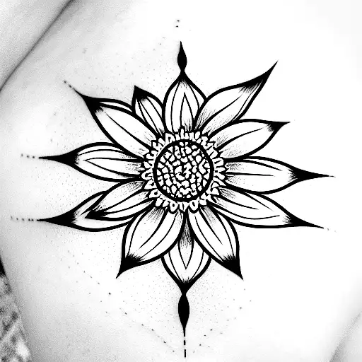 outlined flower with eye in the middle. Focus should be on the flower. please more linework, not dotwork. tattoo design idea