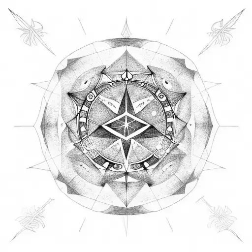 Circle with all the Lovecraft's Gods symbols with Astur symbol at its center with Taurus constellation in the background tattoo design idea