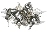 Skulled incased in a honey comb drippinging into a puddle displaying a cowboy walking through a desert tattoo design idea