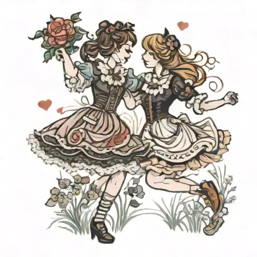 two girls in lolita fashion dancing in a field  tattoo design idea