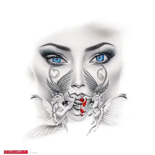 una mujer con los labios pintados de rojo con una ala de gargola y otra de un ángel  tattoo design idea