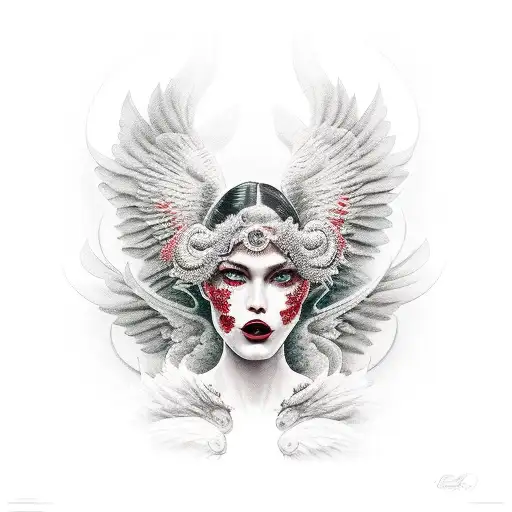 una mujer con los labios rojos y con una ala de gargola y otra de un ángel  tattoo design idea