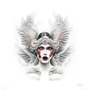 una mujer con los labios rojos y con una ala de gargola y otra de un ángel  tattoo design idea