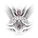 una mujer con los labios rojos y con una ala de gargola y otra de un ángel  tattoo design idea