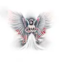 una mujer con los labios rojos y con una ala de gargola y otra de un ángel  tattoo design idea