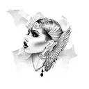 una mujer con los labios rojos y con una ala de gargola y otra de un ángel  tattoo design idea