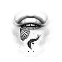 una mujer con los labios rojos y con una ala de gargola y otra de un ángel  tattoo design idea