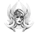 una mujer con los labios rojos y con una ala de gargola y otra de un ángel  tattoo design idea