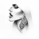 una mujer con los labios rojos y con una ala de gargola y otra de un ángel  tattoo design idea