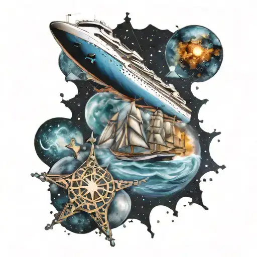 Cruise Ship and Four Point Stars Galaxies Freedom/Exploration Connection tattoo design idea