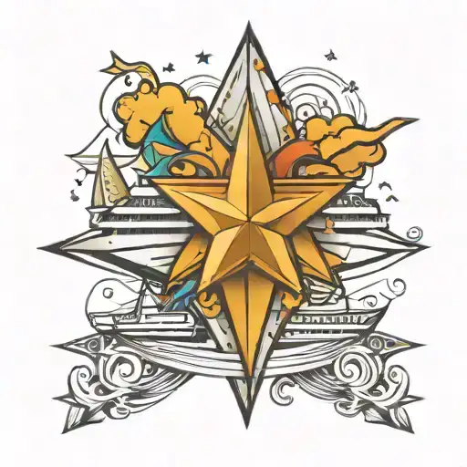 Cruise Ship and Four Point Stars tattoo design idea