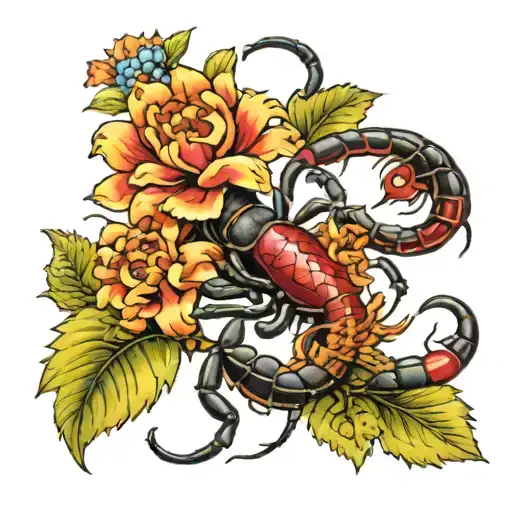 black scorpion with red highlights with a topaz gem imbedded into main body ontop of crysathemums and peonies  tattoo design idea
