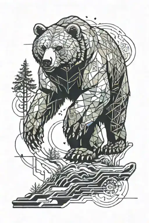A bear walking out of a forest but make it a full sleeve tattoo design idea