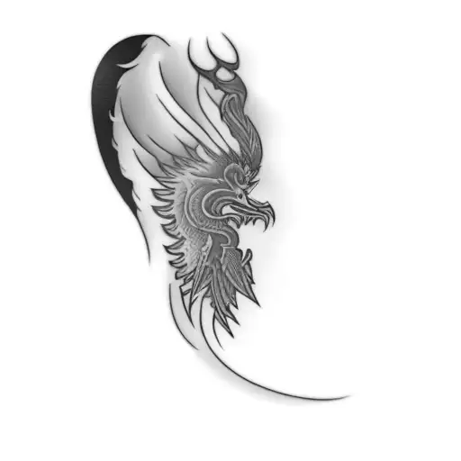 A tribal phoenix with text "Rip" in cryptic tattoo design idea