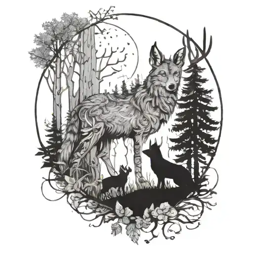 A mystical forest scene with a wolf, owl, and deer all peacefully coexisting tattoo design idea