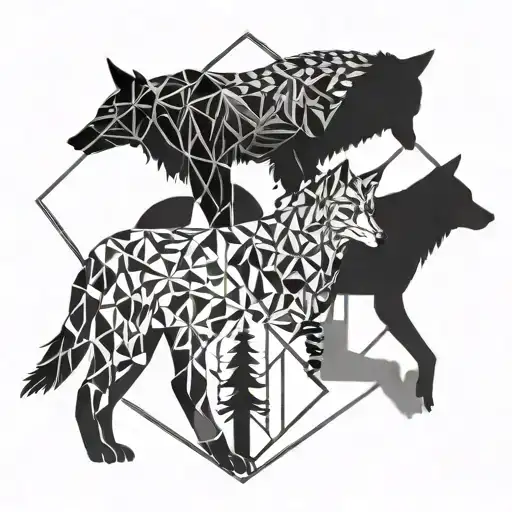 A minimalist silhouette of a wolf, owl, and deer intertwined in a geometric pattern tattoo design idea