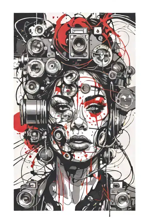 face morphing into a dslr camera psycholodelic tattoo design idea